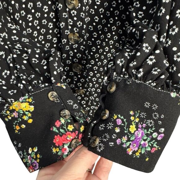 Free People Wonderland Floral Button Up Tunic Dress Size M Black Boho Cottage - Picture 7 of 10